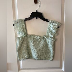Altar'd State Pastel Green Smocked Cropped Tank Top Size M Boho Brunch Stretchy
